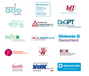 Logos: ado, Betroffenenrat, bff, BKSF, Bundesverein Imfgeschädigter, DeGPT, DGfPI, Der Paritätische Gesamtverband, Diakonie Deutschland, Frauenhauskoordinierung e.V., gegen Missbrauch e.V., KOK, SoVD, VdK, Weisser Ring