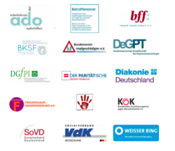 Logos: ado, Betroffenenrat, bff, BKSF, Bundesverein Imfgeschädigter, DeGPT, DGfPI, Der Paritätische Gesamtverband, Diakonie Deutschland, Frauenhauskoordinierung e.V., gegen Missbrauch e.V., KOK, SoVD, VdK, Weisser Ring