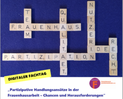 werbung für FHK Fachtag, Abbildung Scrabble-Brett, gelegte Worte: Partizipation, Frauenhaus, Team, Qualität, Nutzerin, Recht, Idee,