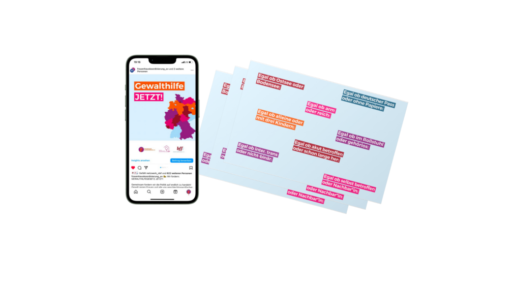 Mockup von Handy mit Marketinmaterial zum Gewalthilfegesetz