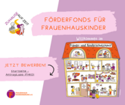 Abbildung eines Querschnitts von einem Frauenhaus, in dem auf jeder Etage Kinder spielen. Überschrift: Förderfonds für Frauenhauskinder. Jetzt bewerben!