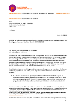 Titelseite der Stellungnahme zur geplanten EU-Richtlinie zur Bek&auml;mpfung von Gewalt gegen Frauen und h&auml;uslicher Gewalt - COM/2022/105