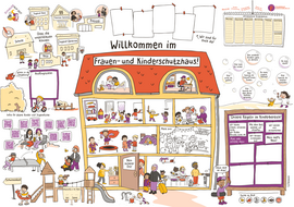 Wimmelbild "Willkommen im Frauen- und Kinderschutzhaus"