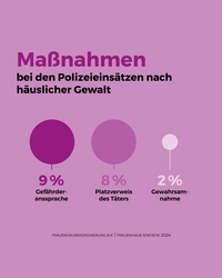 Infografik auf rosa Hintergrund. Überschrift in dunkelpinker Schrift: Maßnahmen bei den Polizeieinsätzen nach häuslicher Gewalt. Darunter Unterüberschrift in schwarzer Schrift: bei den Polizeieinsätzen nach häuslicher Gewalt. Drei Kreise visualisieren Prozentwerte: Links ein großer dunkelpinker Kreis mit 9% und Text Gefährderansprache, mittig ein mittlerer hellpinker Kreis mit 8% und Text Platzverweis des Täters, rechts ein kleiner weißer Kreis mit 2% und Text Gewahrsam-nahme. Am unteren Rand steht in kleiner Schrift: Frauenhauskoordinierung e.V. | Frauenhaus-Statistik 2024