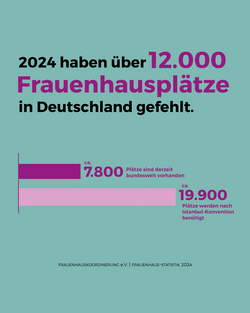 Infografik zur Frauenhaus-Statistik 2024: Im Jahr 2024 fehlten deutschlandweit über 12.000 Frauenhausplätze. Bundesweit sind etwa 7.800 Plätze vorhanden, benötigt werden laut Istanbul-Konvention circa 19.900 Plätze. Quelle: Frauenhauskoordination e.V., Frauenhaus-Statistik 2024.