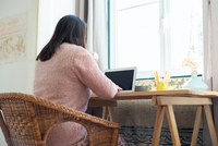 Eine Person mit langen Haaren sitzt an einem Schreibtisch an ihrem Laptop. Der Schreibtisch steht so, dass die Person auch gleichzeitig nach draußen sehen kann. 
