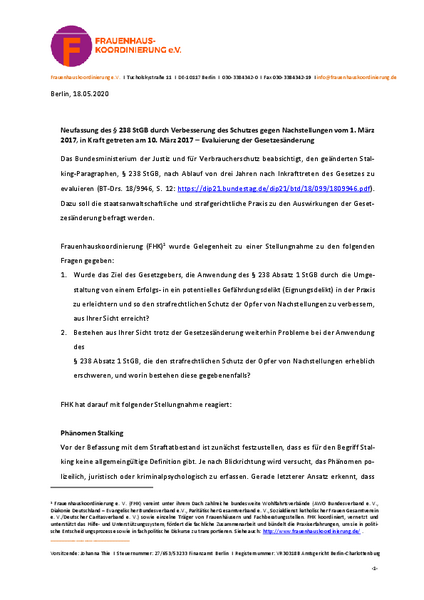 Stellungnahme Zur Neufassung Des Stalking Paragraphen Frauenhauskoordinierung