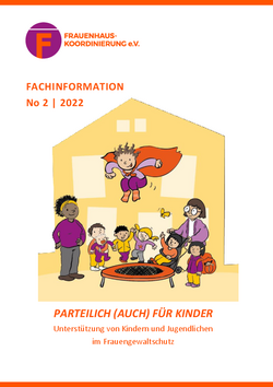 Titelseite FHK-Fachinfo "Parteilich auch für Kinder": Kinder mit Superheld*innen-Umhang springen auf Trampolin, umrundet von ausgelassenen Menschen