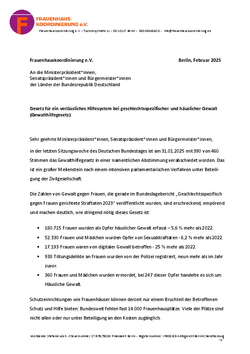Ein Bild des Briefs von Frauenhauskoordinierung e.V. an die Ministerpräsident*innen, Senatspräsident*innen und Bürgermeister*innen der Länder der Bundesrepublik Deutschland 