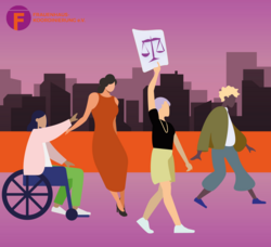 Abbildung zeigt vier unterschiedliche Frauen, die für einen Rechtsanspruch demonstrieren