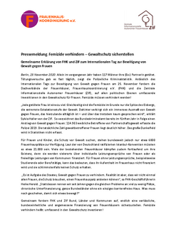 PM FHK +ZIF: Femizide verhindern, Gewaltschutz ausbauen Abbildung Text der Pressemitteilung von Frauenhauskoordinierung und ZIF