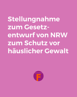 Auf einer hell-lila Fläche steht in weißer Schrift: Stellungnahme zum Gesetz-entwurf von NRW zum Schutz vor häuslicher Gewalt