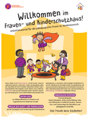 Titelseite FHK-Faltposter "Willkommen im Frauen- und Kinderschutzhaus": Kind mit orangenem Umhang springt auf Trampolin, umringt von jubelnden Kindern und Erwachsenen