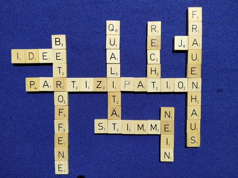 Scrabblesteine zu den Worten"Partizipation", !Qualit&auml;t", "Betroffene", Team" u.a. zusammengesetzt