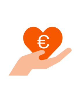 Logo FHK-F&ouml;rderfonds: Hand h&auml;lt ein orangenes Herz mit Eurozeichen darauf.